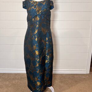 Kay Unger NWT Sapphire & Gold Off the Shoulder Floral Tea Length Dress Size 14